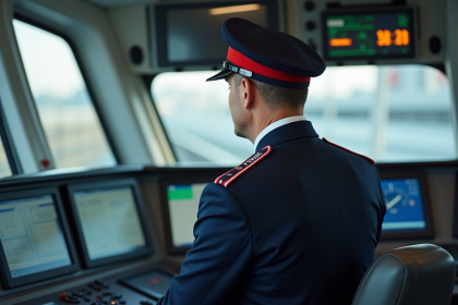 Conductor TGV en uniforme dans le cockpit moderne du train