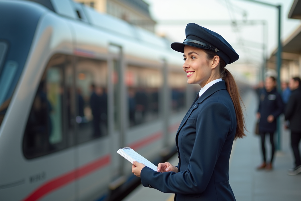Jeune conductrice TGV souriante sur le quai avec train moderne