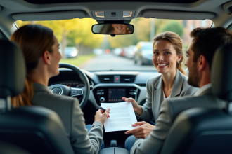 Deux adultes souriants signent un document dans une voiture moderne