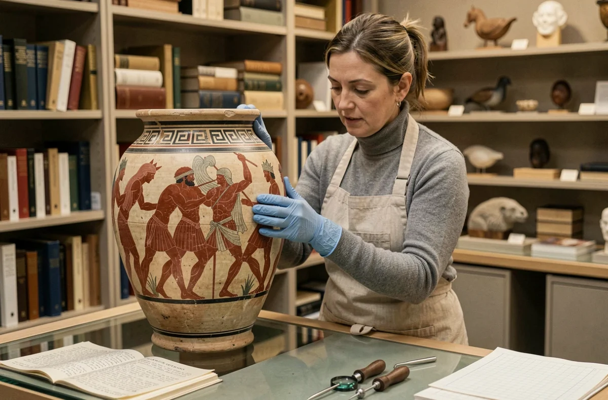 Conservatrice de musée examinant une amphore grecque illustrant le mythe de Thésée et du Minotaure