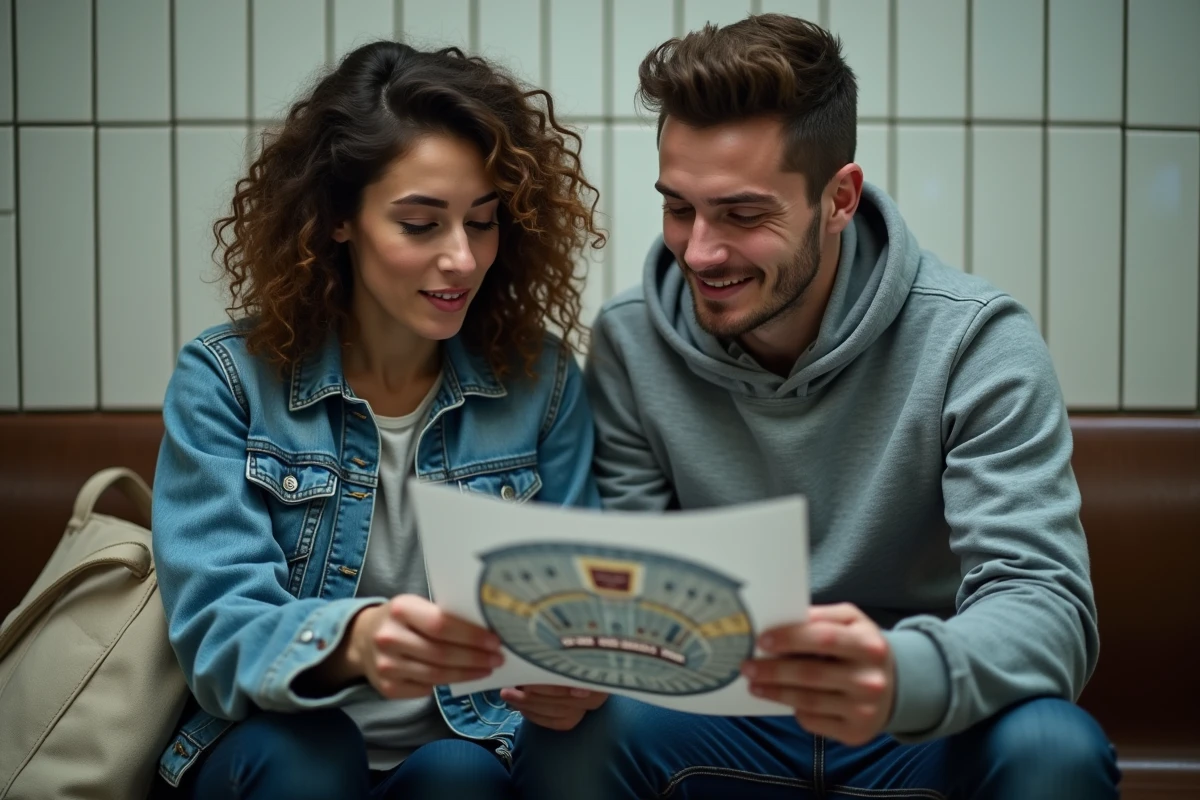 Deux jeunes adultes consultant un plan de salle de concert d'arena pour choisir leurs places selon leur budget avant un spectacle à Bercy