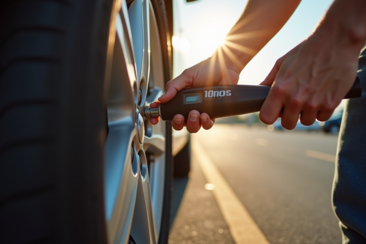 Vérification de la pression d'un pneu de voiture en plein jour
