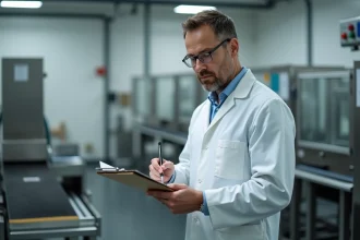 Manager en blouse blanche vérifiant une checklist en usine alimentaire
