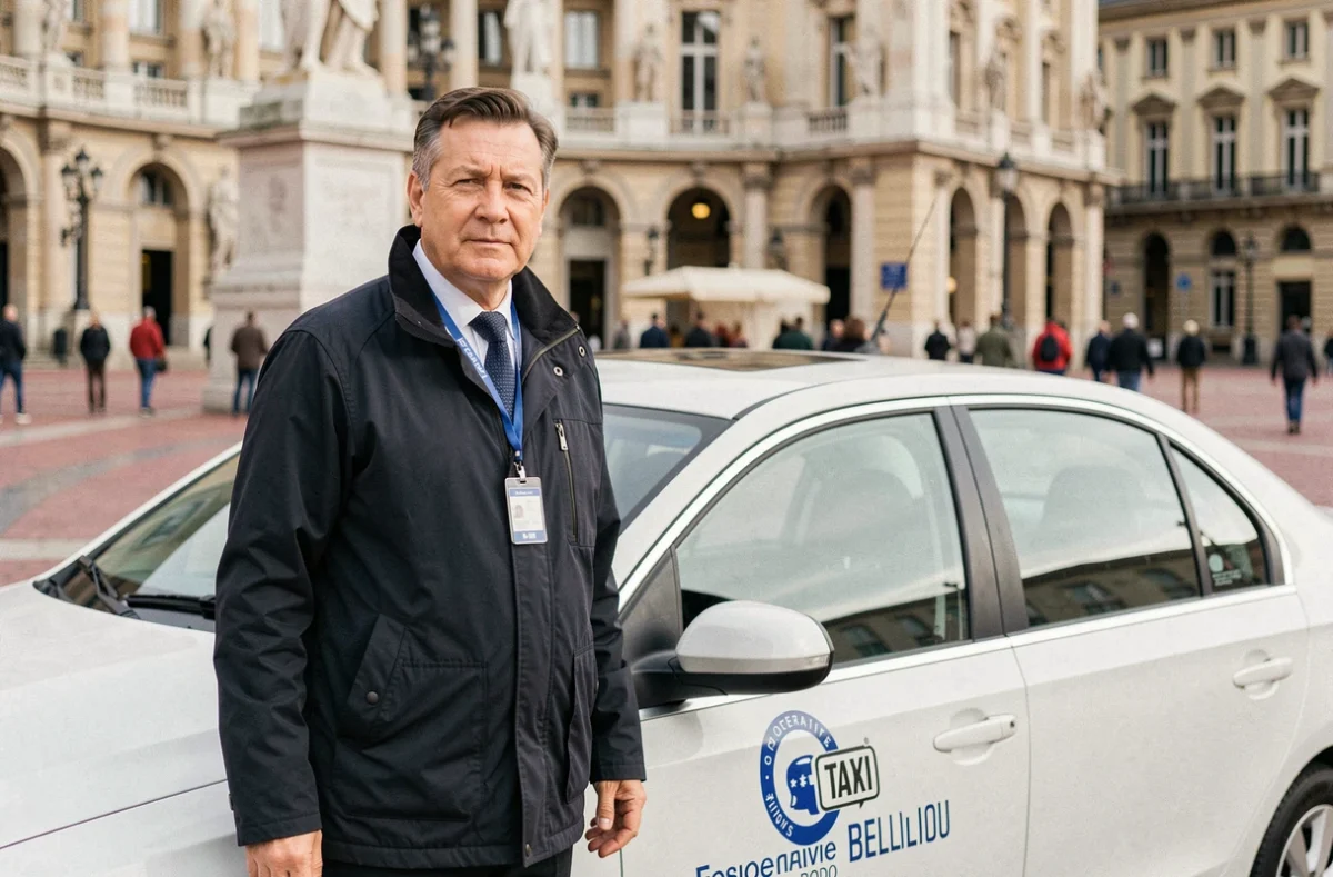 Chauffeur de la Coopérative Taxi-Radio de Lyon en tenue professionnelle devant son véhicule place Bellecour