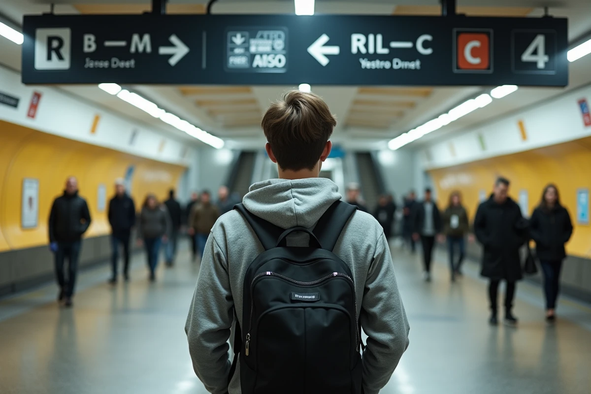 Panneau de correspondance entre la ligne 4 du métro et le RER dans un couloir souterrain parisien