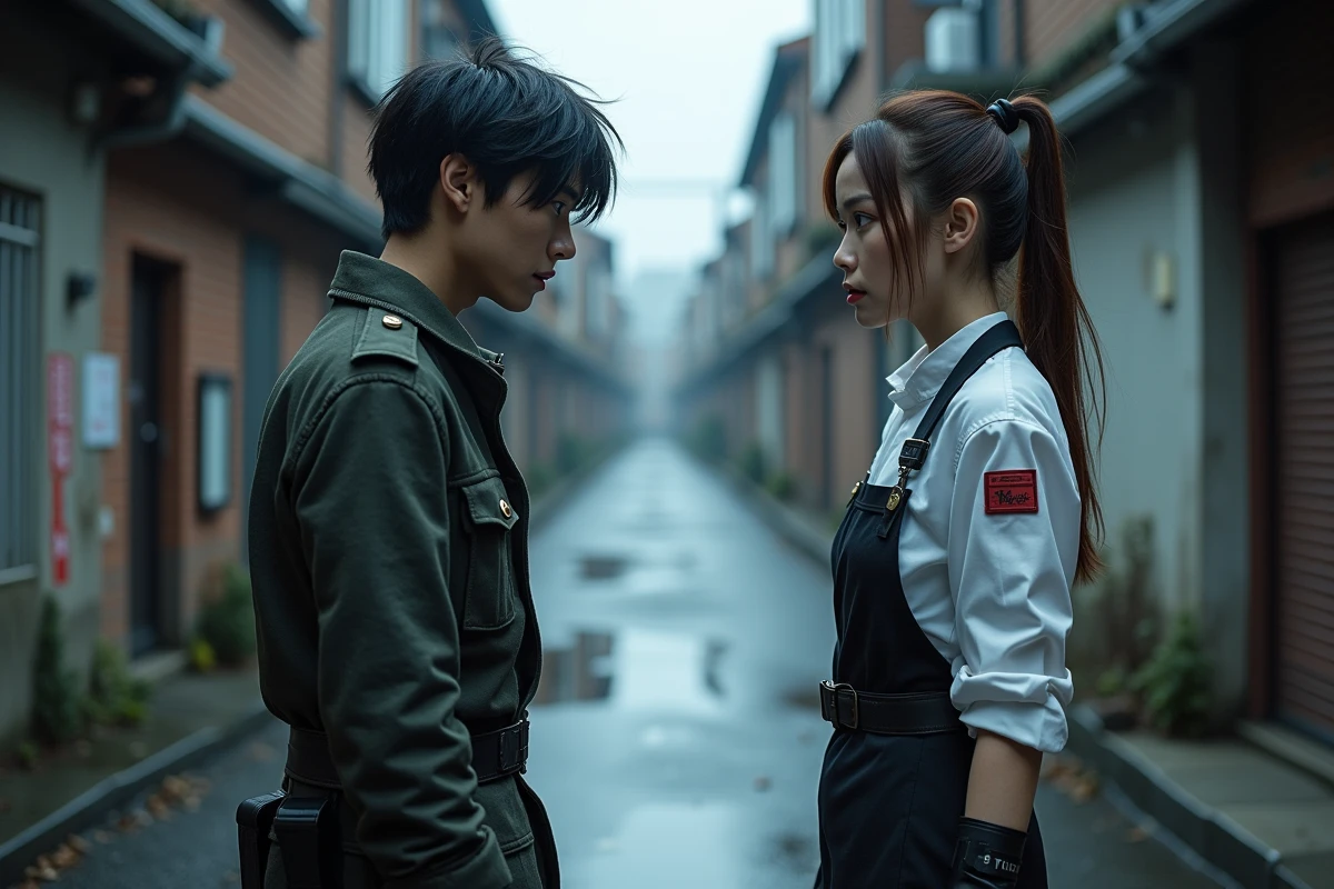 Deux cosplayeurs incarnant des antagonistes d'anime en confrontation dans une ruelle urbaine