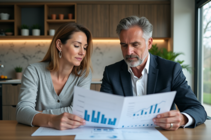 Couple d'adultes en réunion financière à la maison