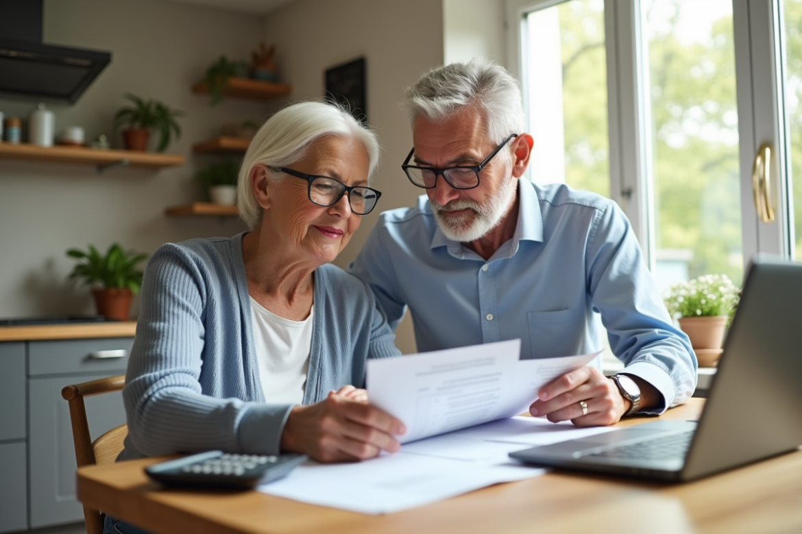 Couple d'âge moyen analysant des documents financiers à la maison