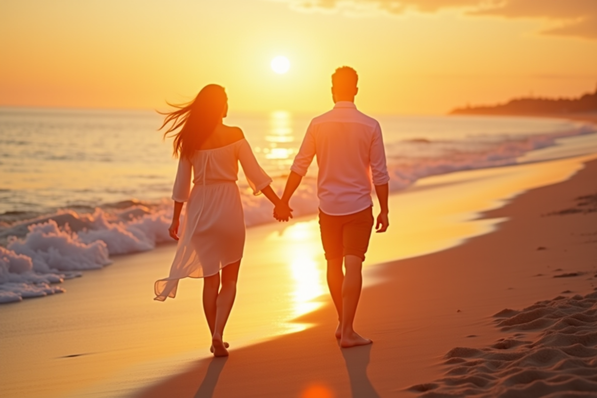 Couple se tenant la main sur la plage au coucher de soleil