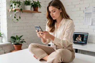 Jeune femme créant des scénarios pour ses Instagram Stories sur smartphone dans un espace de co-working minimaliste