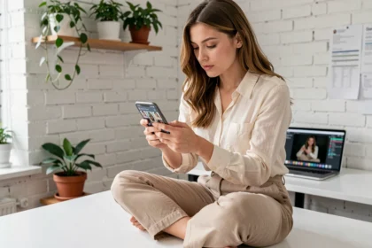 Jeune femme créant des scénarios pour ses Instagram Stories sur smartphone dans un espace de co-working minimaliste