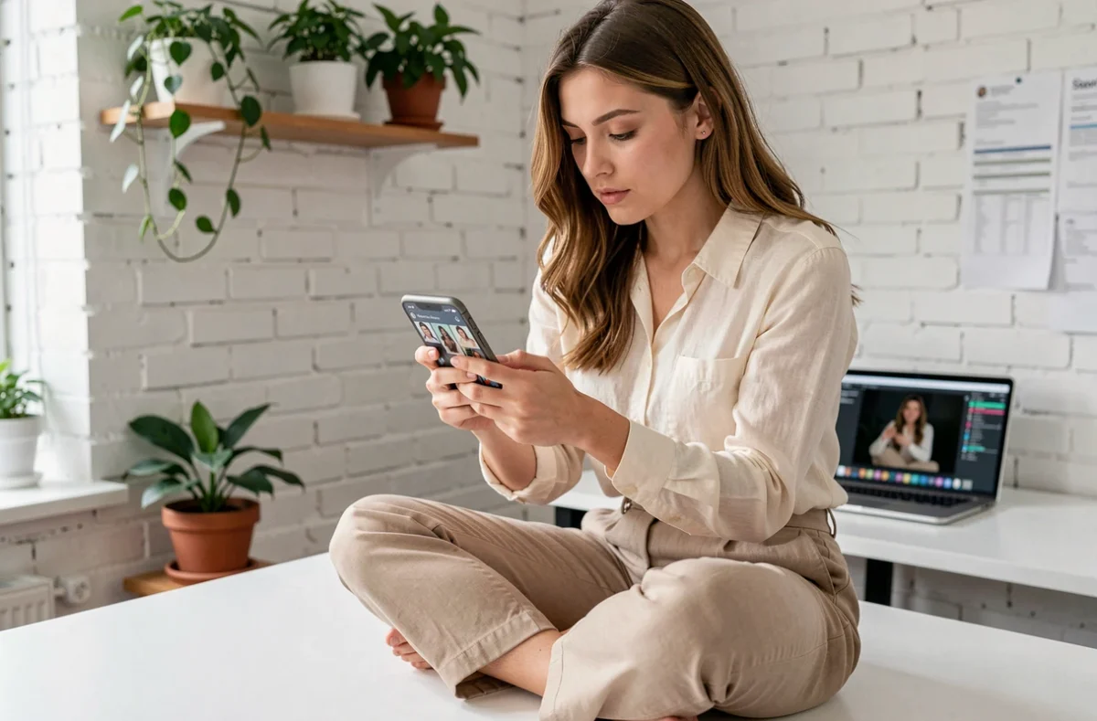 Jeune femme créant des scénarios pour ses Instagram Stories sur smartphone dans un espace de co-working minimaliste