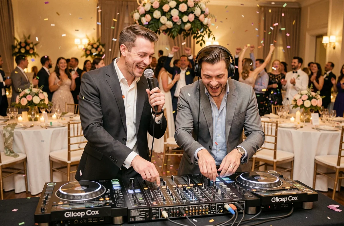 Duo de DJs Dams et Anto Animation côte à côte derrière leur console partagée lors d'une réception de mariage festive avec invités qui dansent