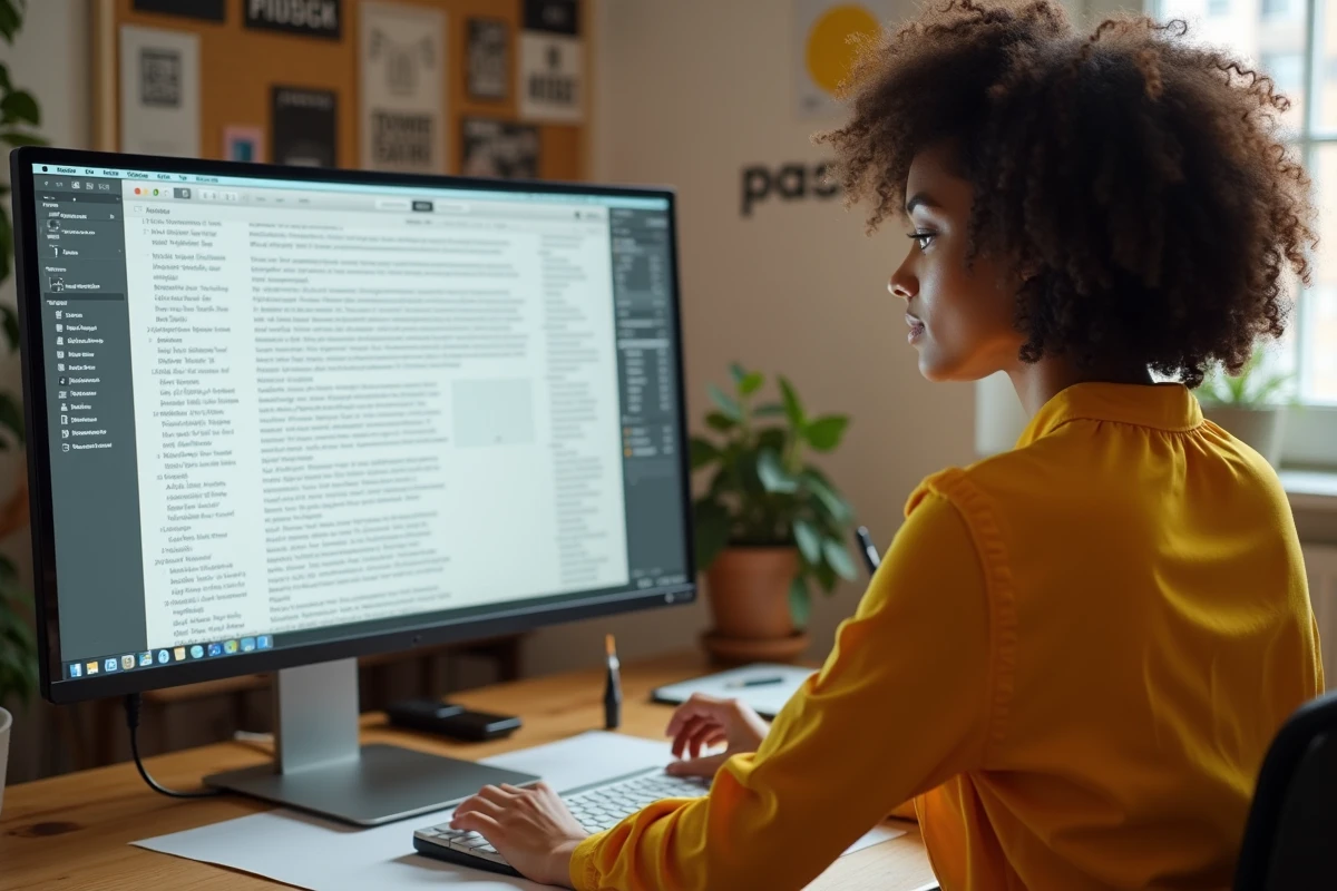 Designer graphique évaluant un générateur de texte Lorem Ipsum pour une maquette de mise en page dans un studio créatif