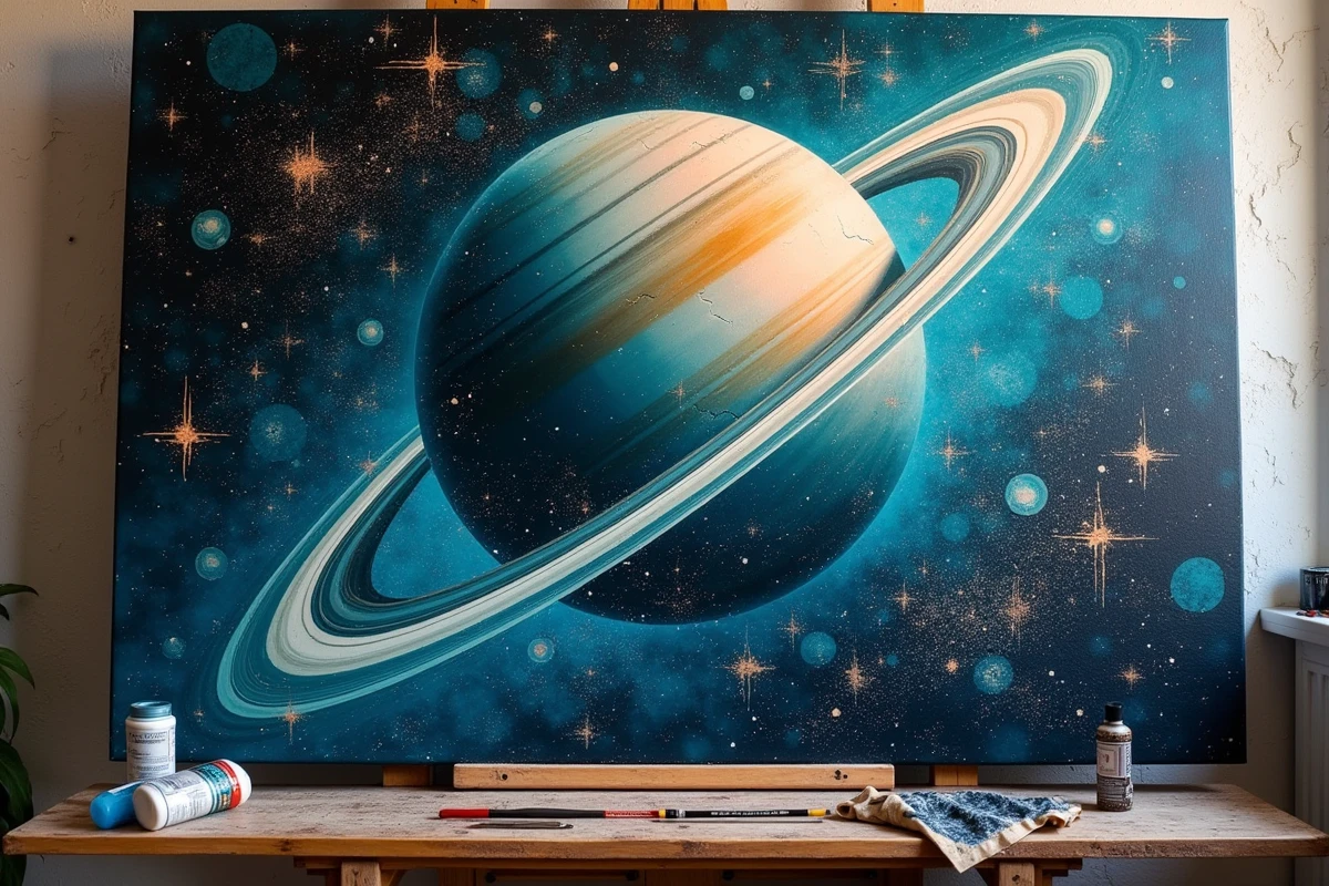 Détail de texture d'une peinture spatiale futuriste représentant Saturne avec effets d'impasto en acrylique