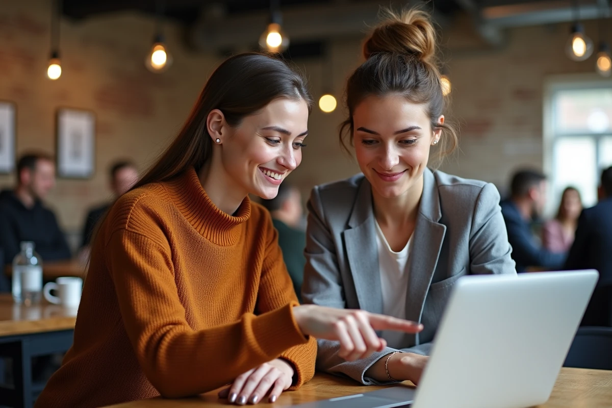 Deux femmes collaborant sur la rédaction d'un email professionnel dans un espace de coworking, illustrant les questions d'accord grammatical au féminin pluriel