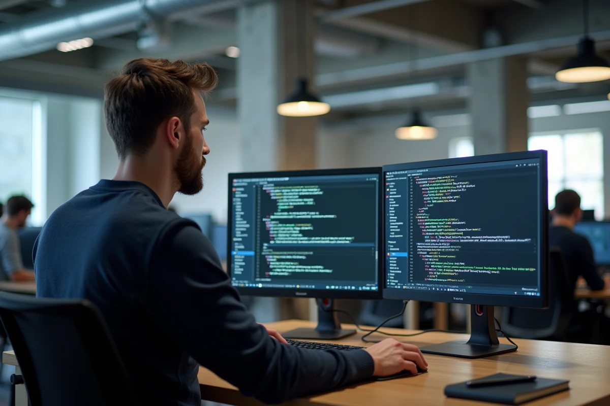Développeur web comparant des textes Lorem Ipsum sur deux écrans dans un bureau moderne en open space
