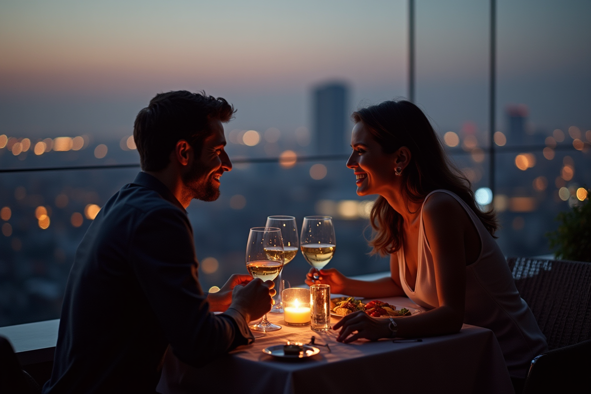 Couple dînant sur une terrasse avec vue sur la ville au crépuscule