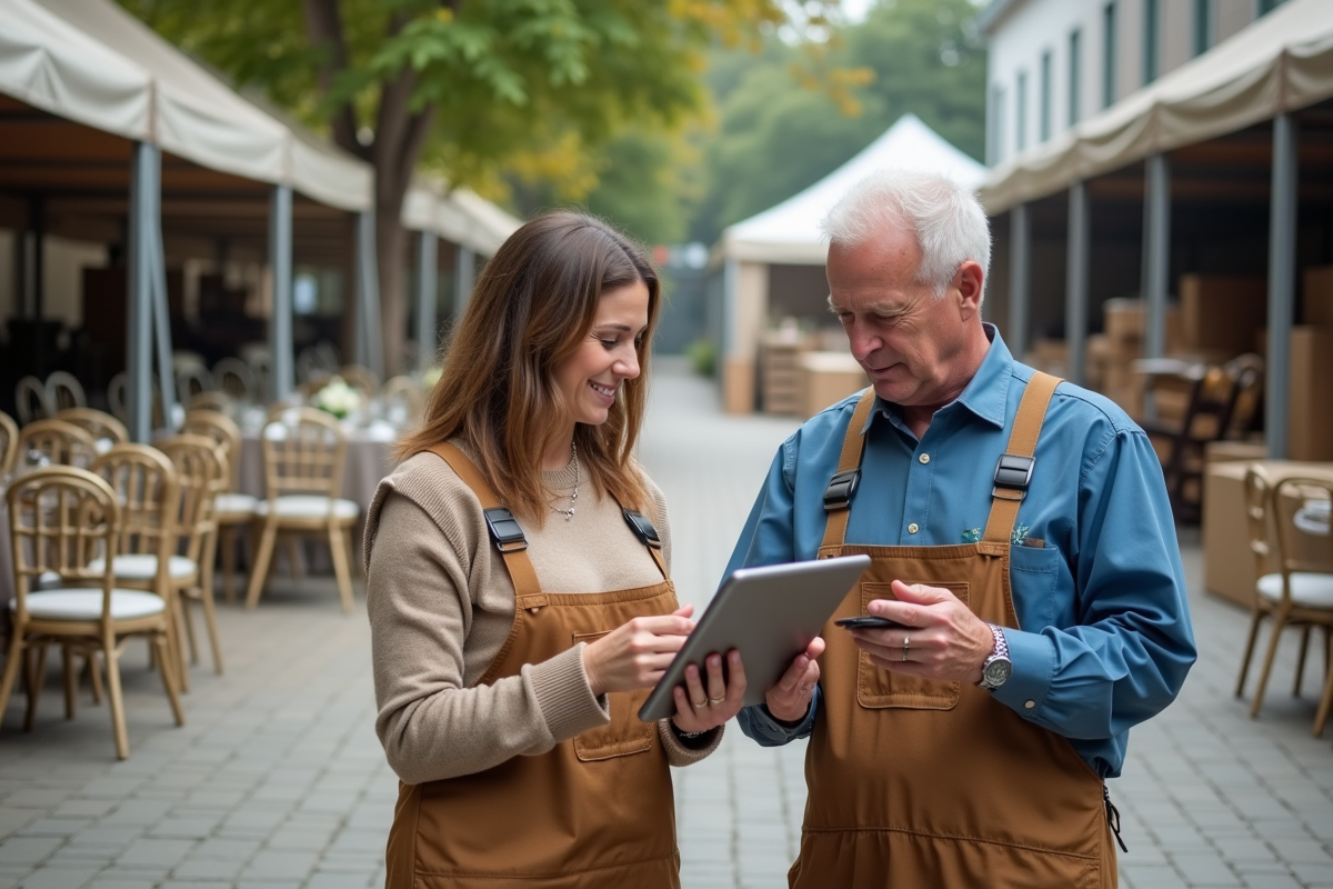 Vendeurs discutant de matériel pour événement en extérieur