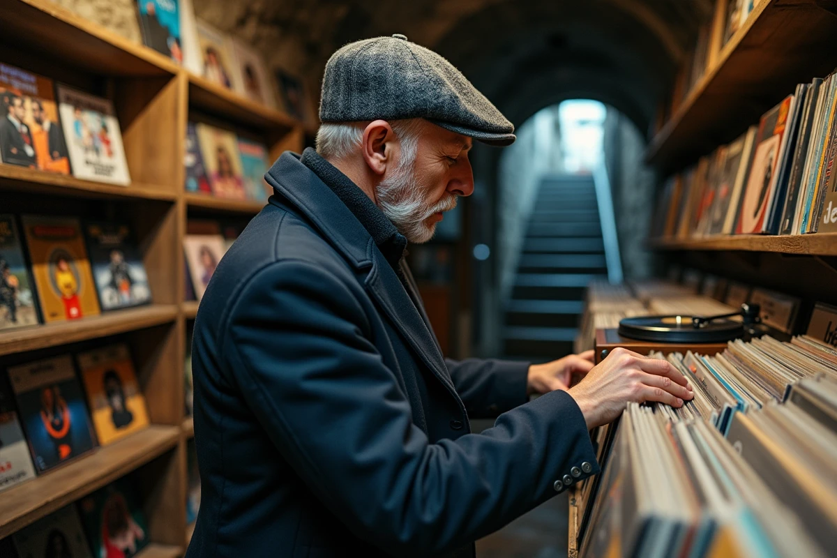 Homme feuilletant des vinyles dans un disquaire souterrain parisien abrité de la pluie, ambiance vintage