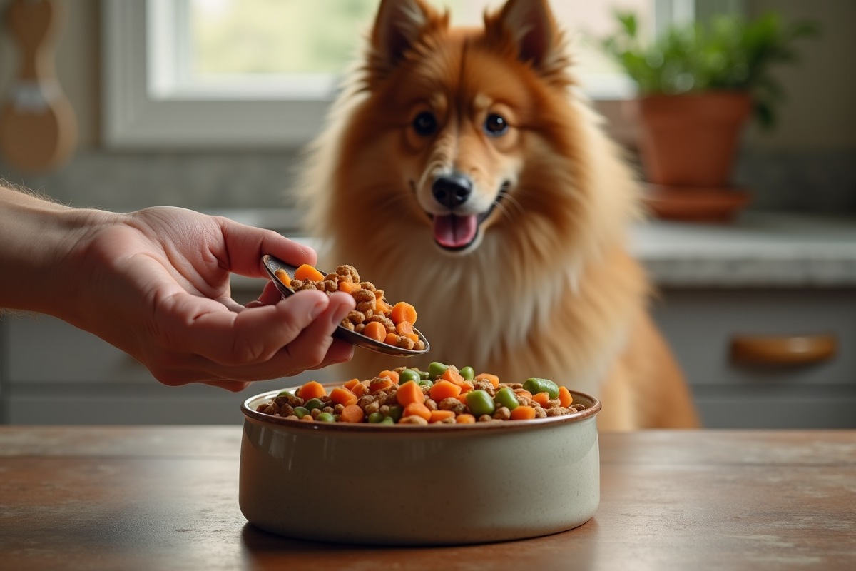 Main versant des croquettes avec légumes dans un bol en céramique