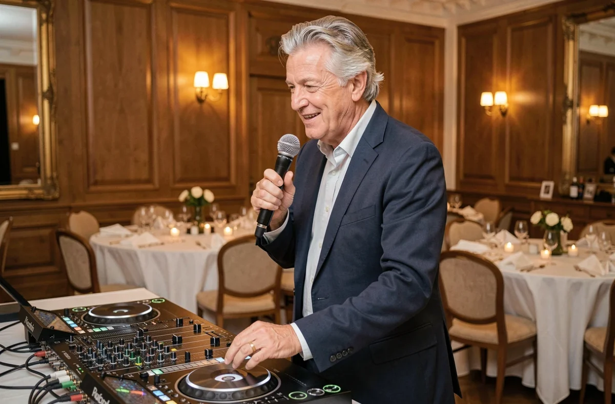 DJ animateur expérimenté DJ Jean Luc au micro lors d'un dîner corporate dans une salle de réception classique à Dijon