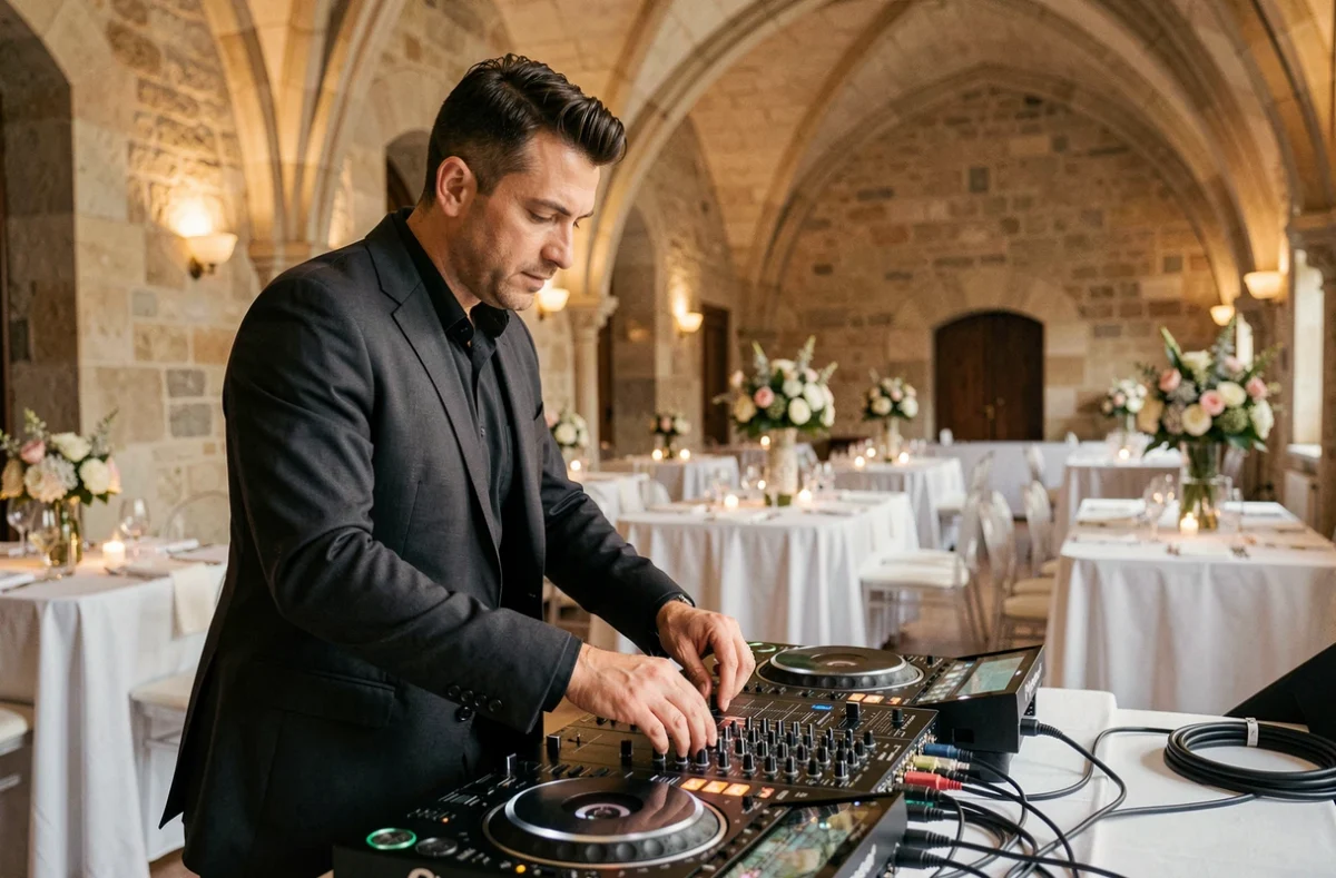 DJ haut de gamme DJMAUF en costume sombre derrière sa console Pioneer lors d'une réception de mariage élégante à Dijon