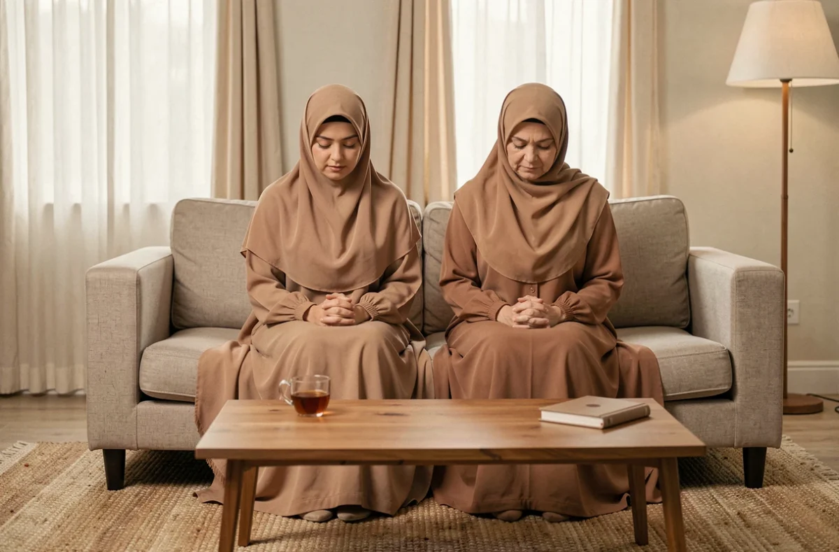 Deux femmes musulmanes en hijab assis ensemble sur un canapé en train de réciter la douaa istikhara dans un salon familial chaleureux