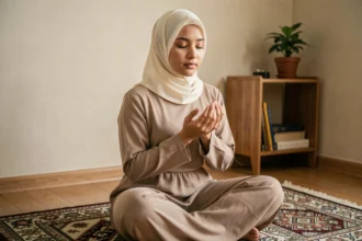Jeune femme musulmane en hijab ivoire faisant la douaa istikhara en position de supplication sur un tapis de prière à motifs géométriques dans un intérieur calme