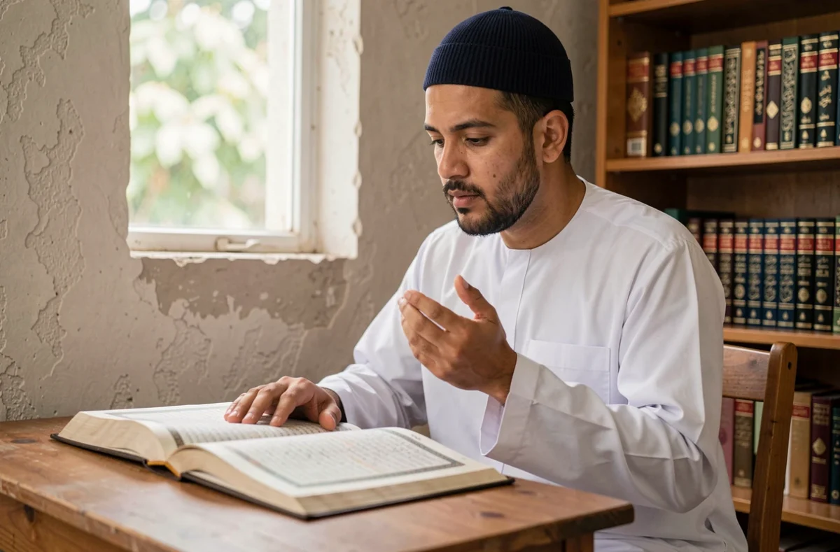 Homme musulman barbu en thobe blanc lisant le Coran et récitant la douaa istikhara avant un grand choix de vie dans une salle d'étude