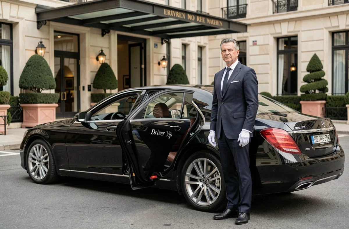 Chauffeur Driver Vip en costume sur mesure ouvrant la portière d'une berline noire devant un hôtel lyonnais