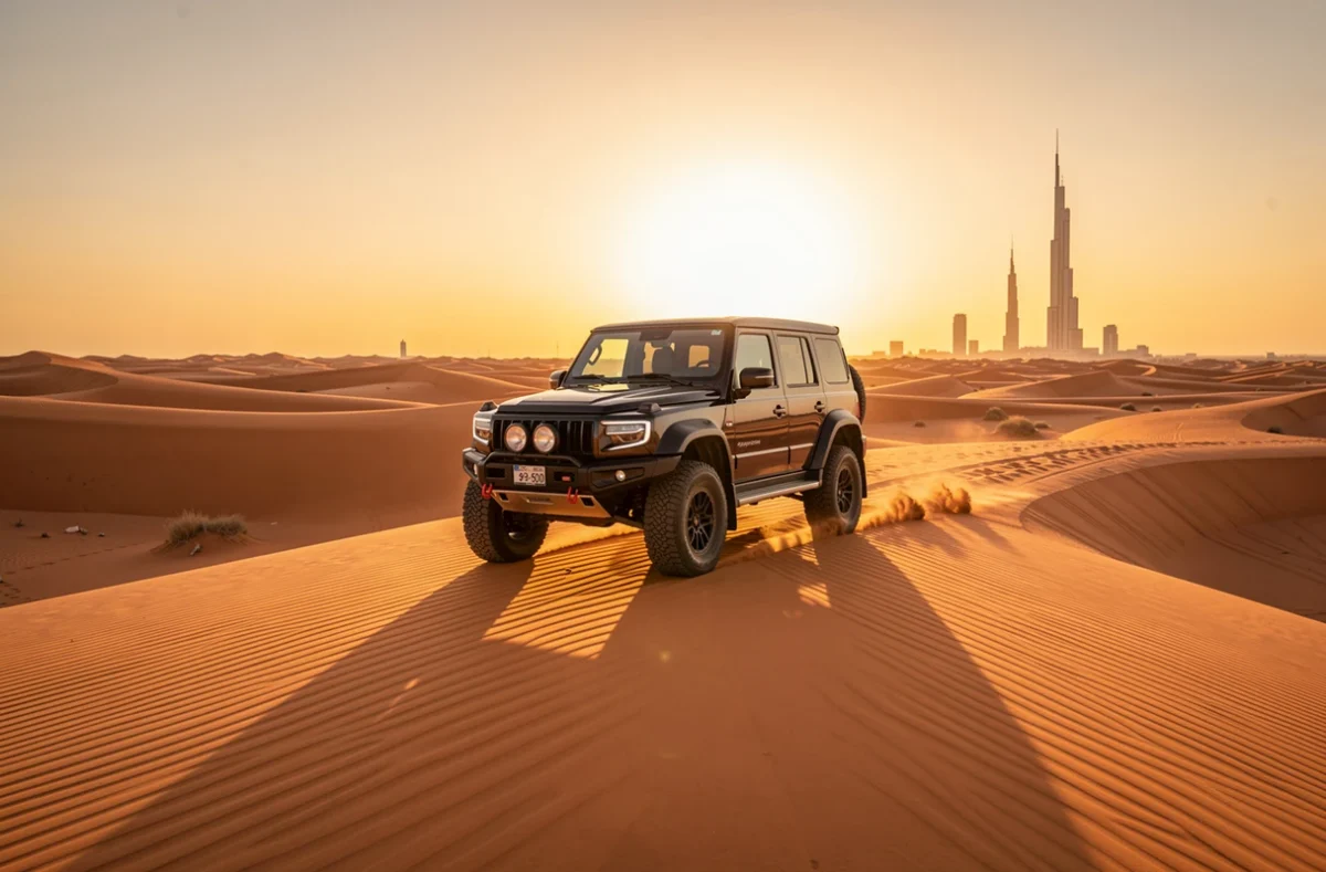 Dunes du désert de Dubaï au coucher du soleil avec des 4x4
