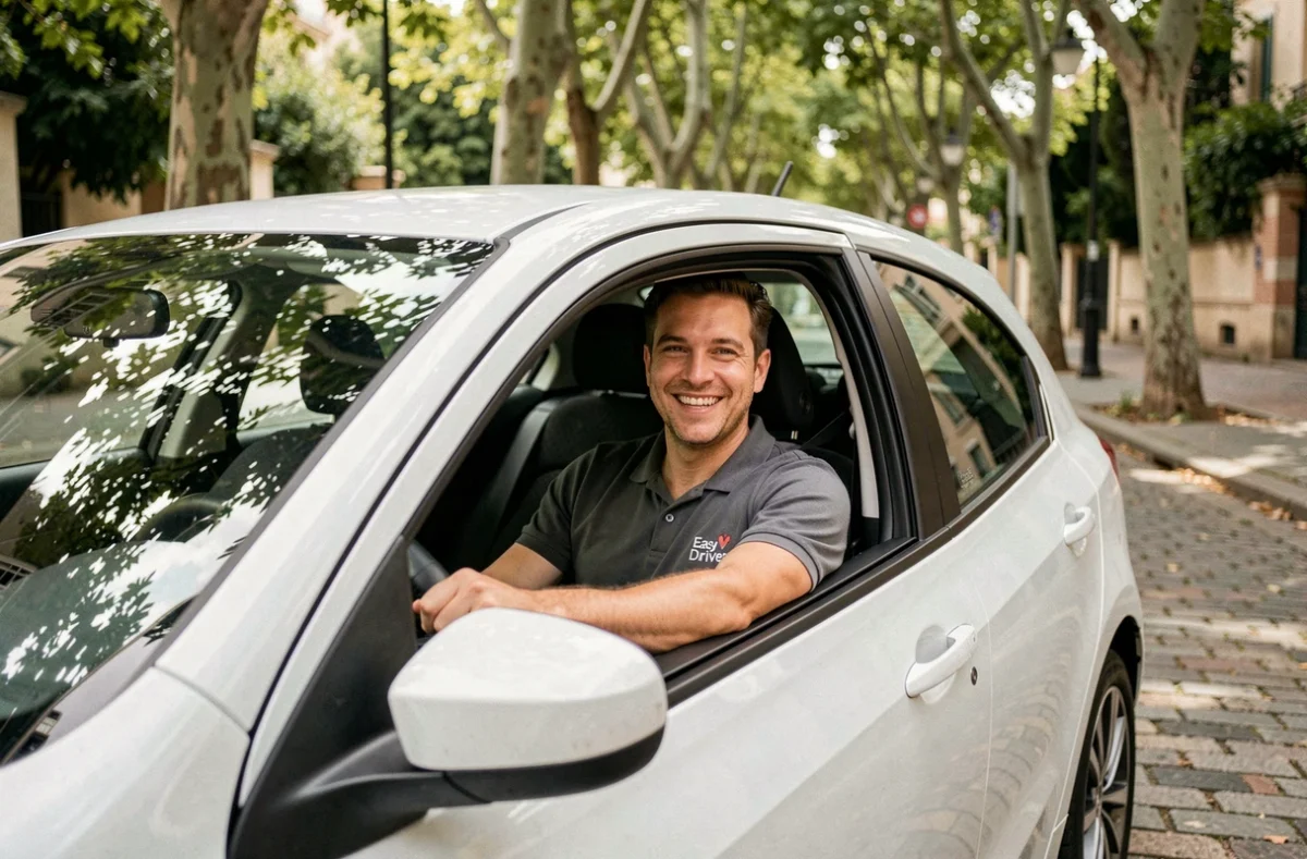 Chauffeur Easy Driver souriant au volant d'une berline compacte dans une rue lyonnaise bordée d'arbres