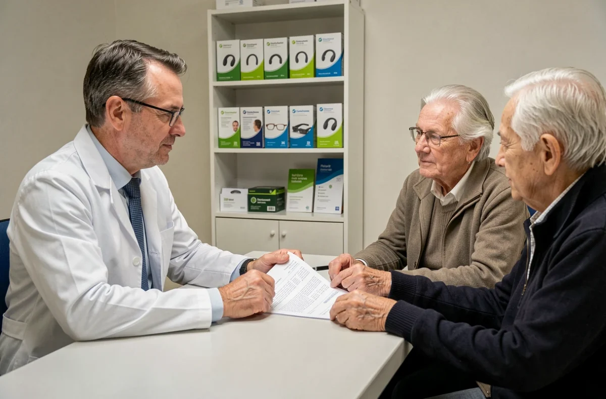 Professionnel de santé en consultation avec un couple senior chez Écouter Voir Optique Mutualiste à Cusset