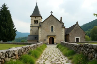 L'église en granit de Saint-Goussaud dans la Creuse, entourée de murs en pierre et de collines bocagères typiques du Limousin