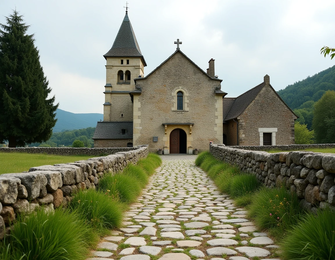 L'église en granit de Saint-Goussaud dans la Creuse, entourée de murs en pierre et de collines bocagères typiques du Limousin