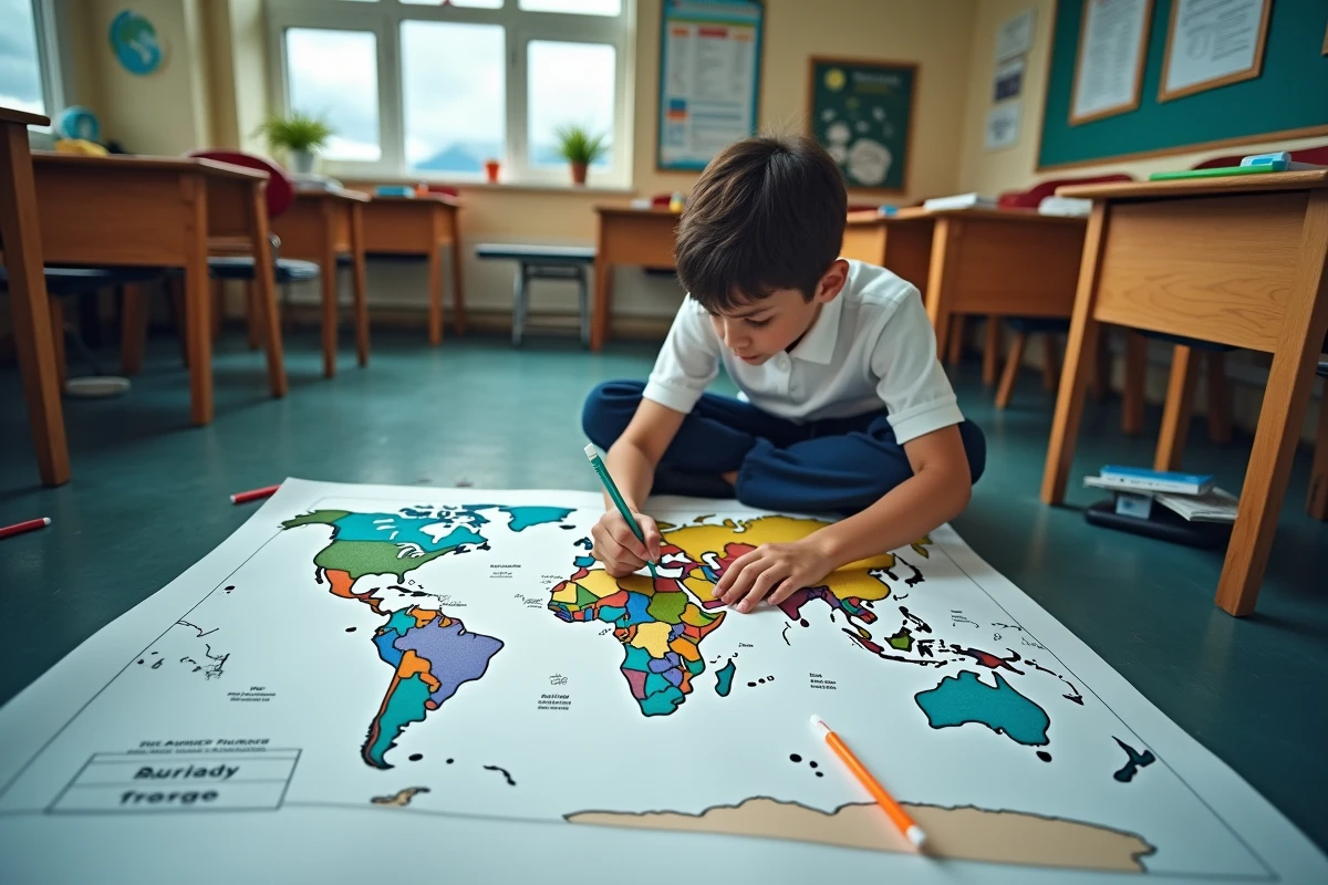 Élève en classe dessinant des continents sur un fond de carte du monde vierge posé sur le sol avec des marqueurs colorés