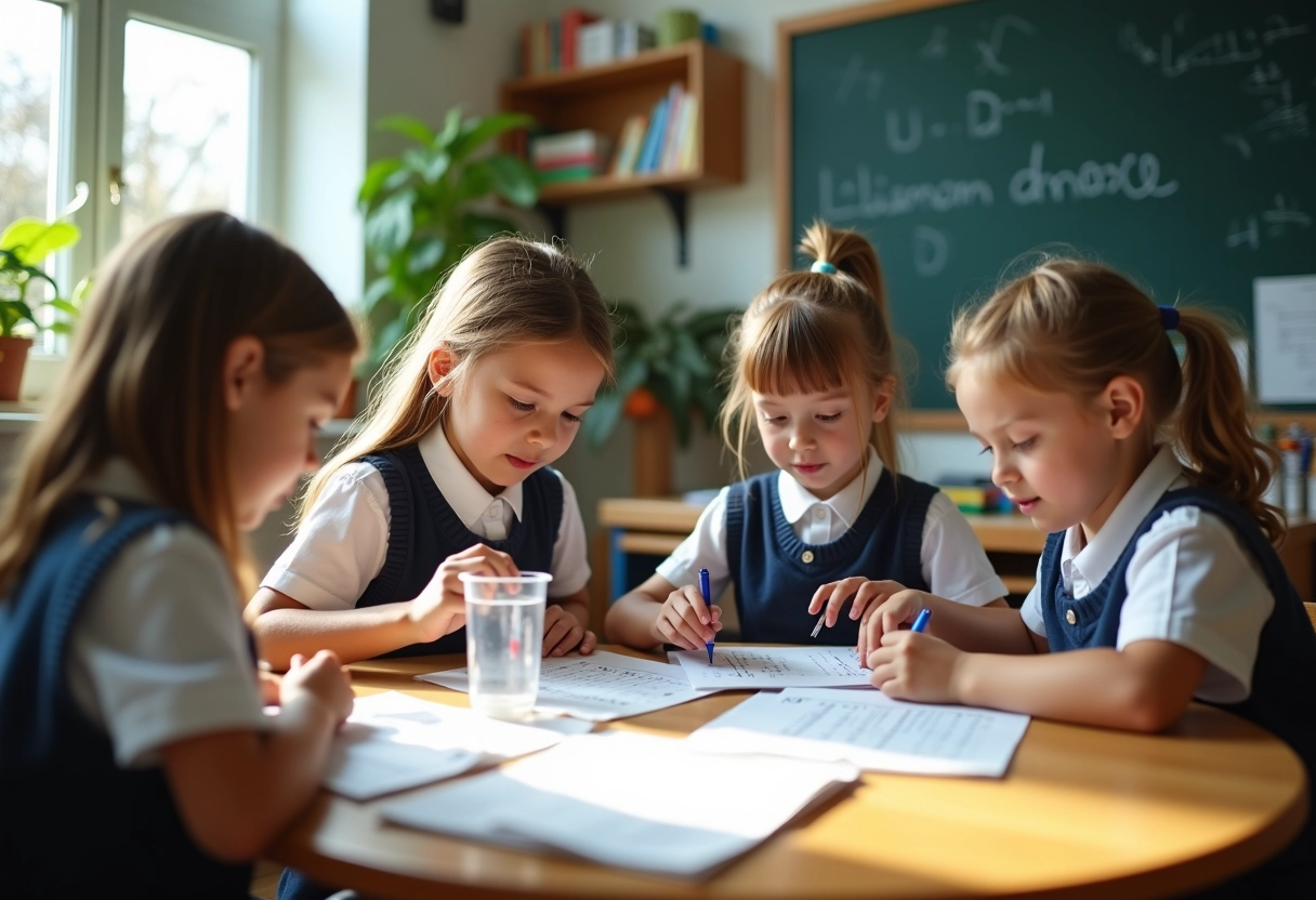 Elèves collaborant autour d une table avec outils de mesure