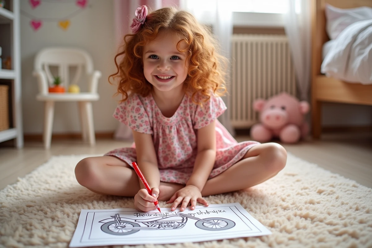 Petite fille concentrée qui colorie une page de moto pour un anniversaire assise sur le sol de sa chambre