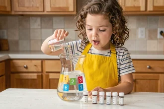 Petite fille versant de l'eau dans une carafe d'un litre avec des tasses graduées en millilitres sur une table de cuisine