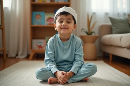 Jeune garçon musulman en train de prier sur un tapis de prière à la maison, habillé simplement, ambiance douce et familiale