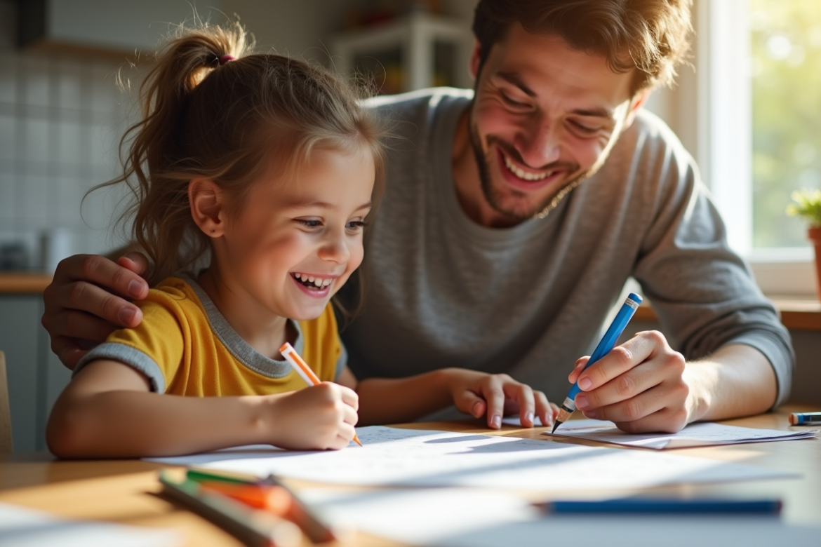 Enfant et parent souriants à la maison pour révision scolaire