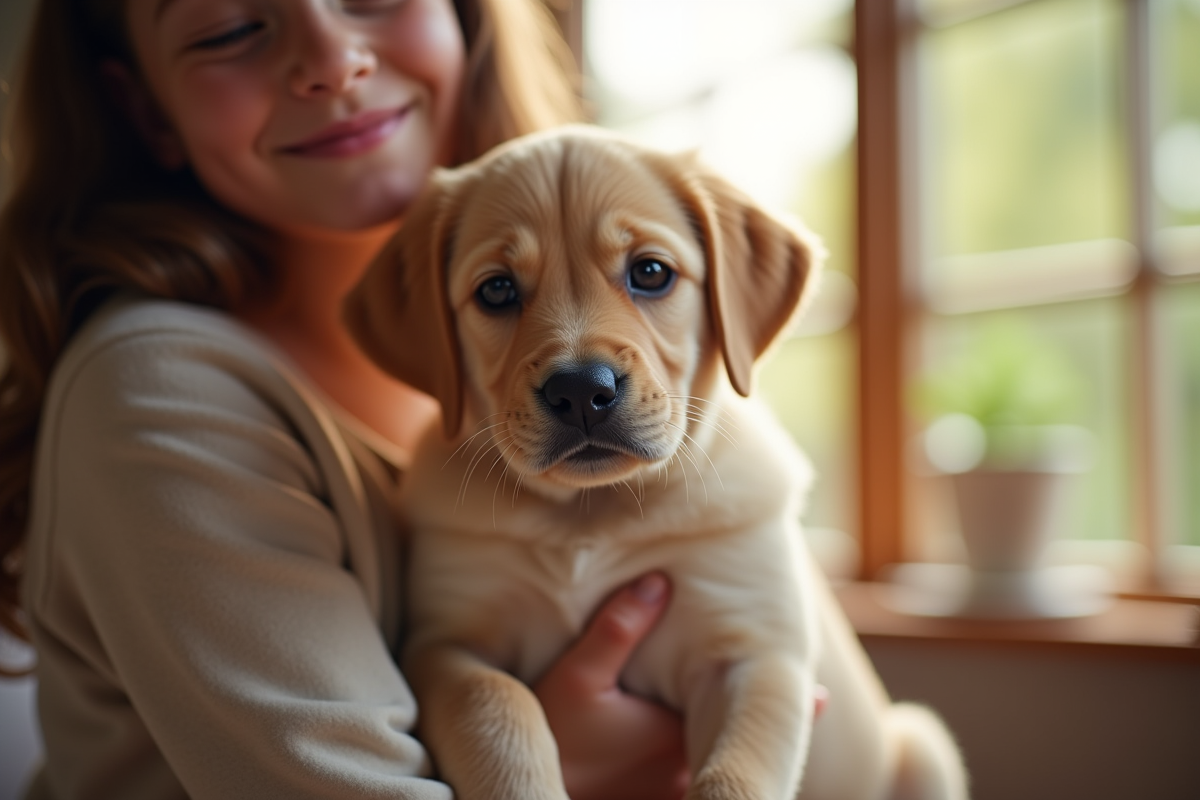 Un chiot labrador tenu par un enfant souriant en intérieur
