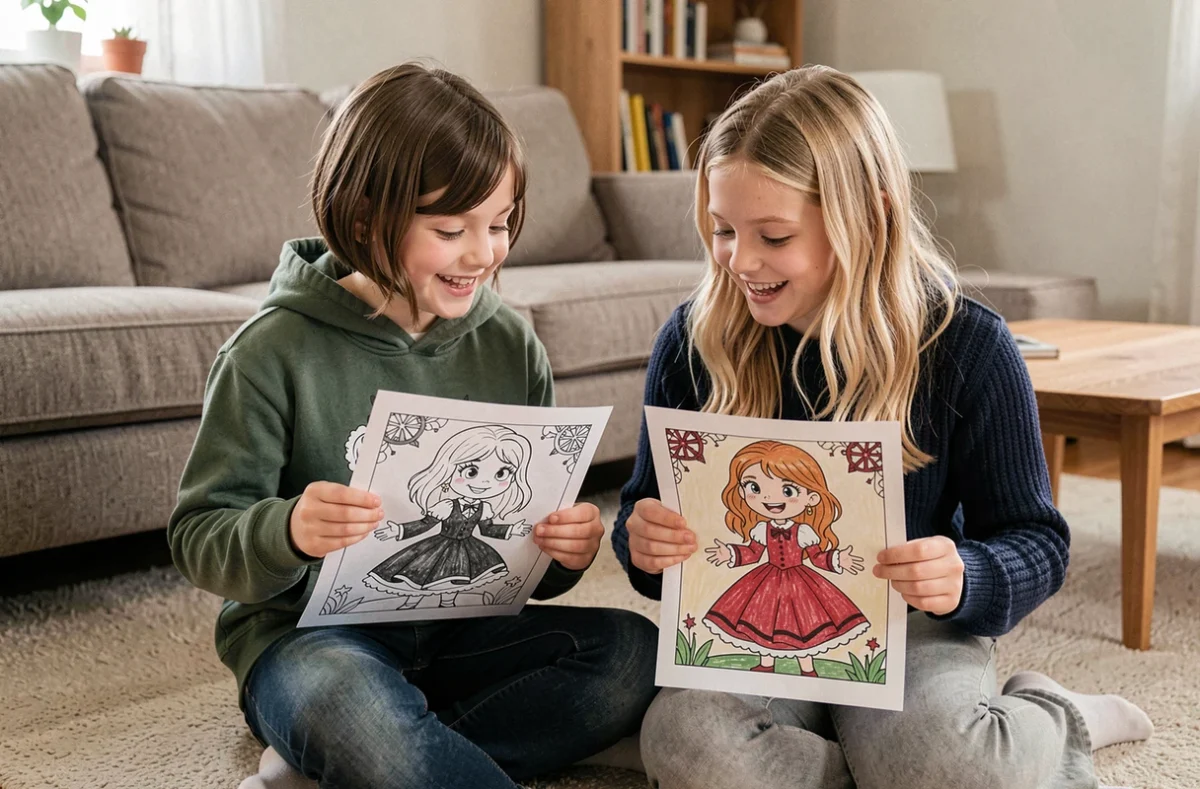 Deux jeunes filles comparant leurs coloriages de Mortelle Adèle imprimés et souriantes assises sur un tapis dans un salon