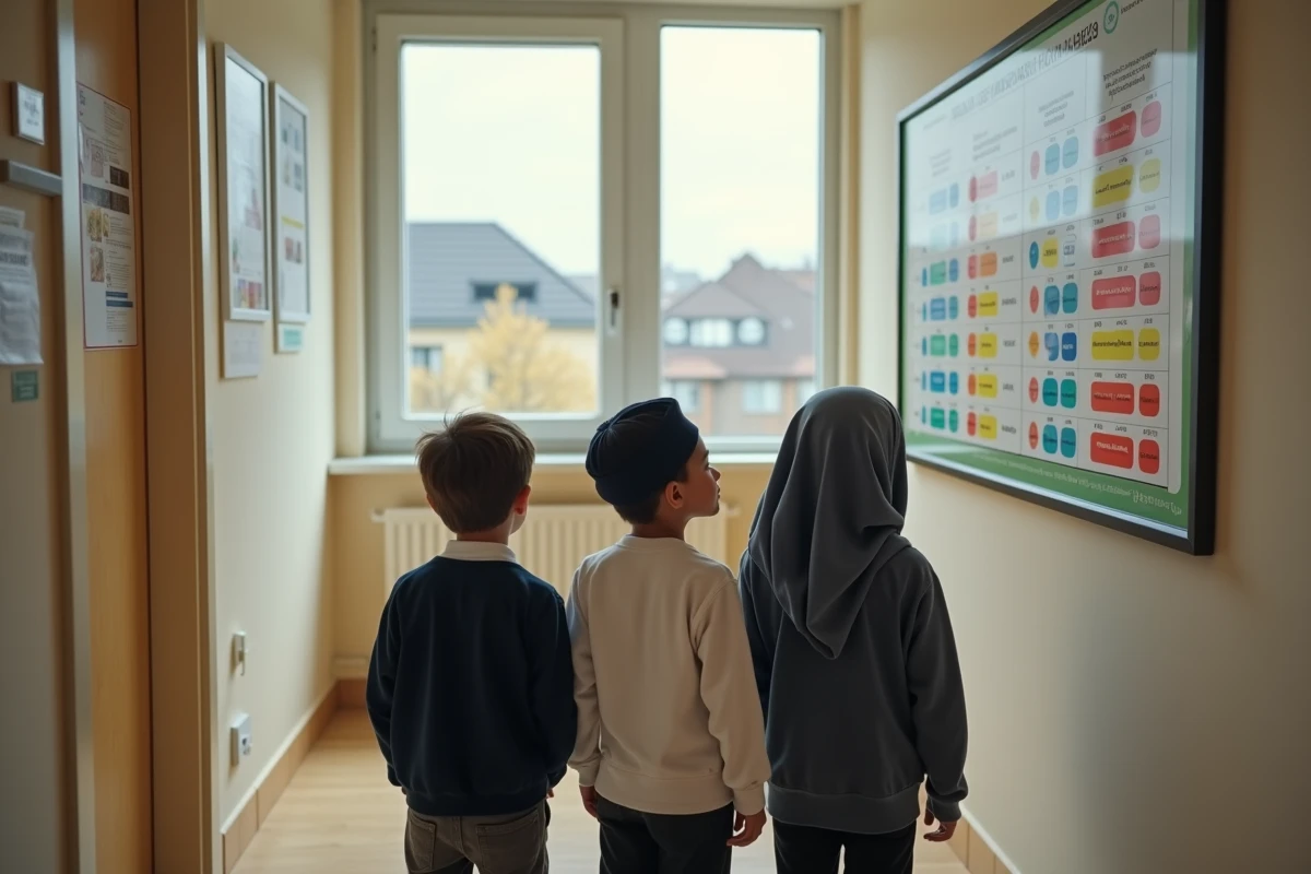 Groupe d'enfants consultant un tableau des heures de prière affiché dans un centre communautaire à Argenteuil