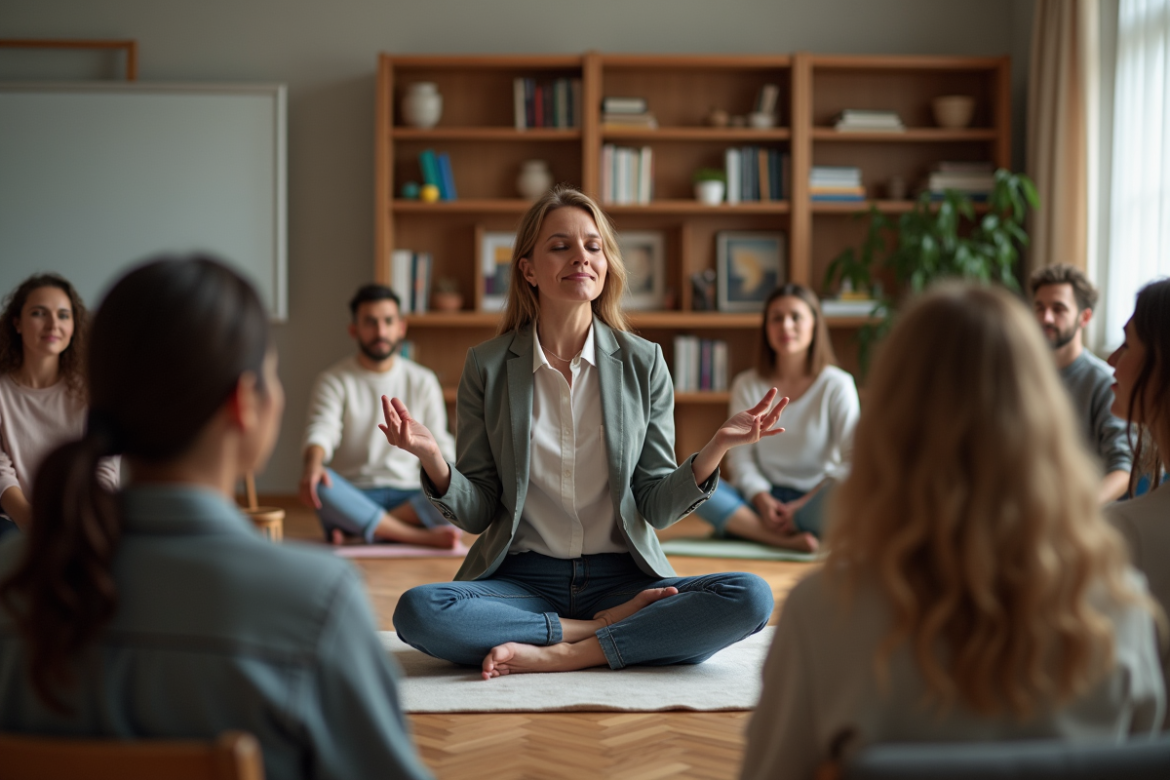 Enseignante mindfulness en salle calme et chaleureuse