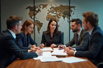 Groupe de professionnels en réunion autour de documents de marque