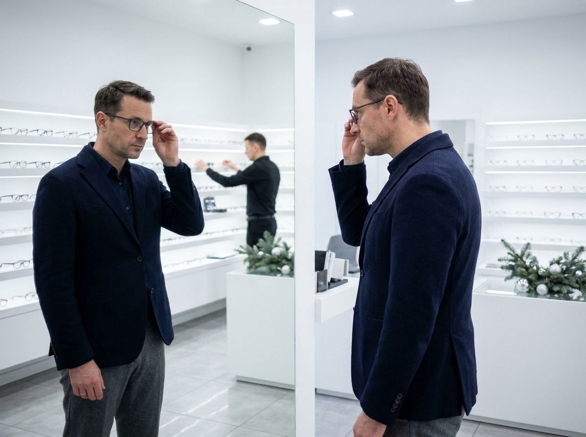 Homme essayant des lunettes en magasin d'optique avec un miroir et des présentoirs de montures
