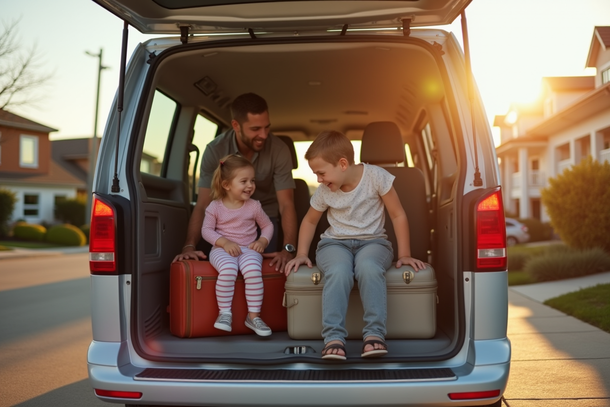 Famille chargeant bagages dans un van 7 places d