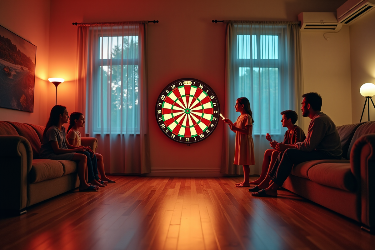 Famille jouant autour d’un dartboard électronique à hauteur réglementaire